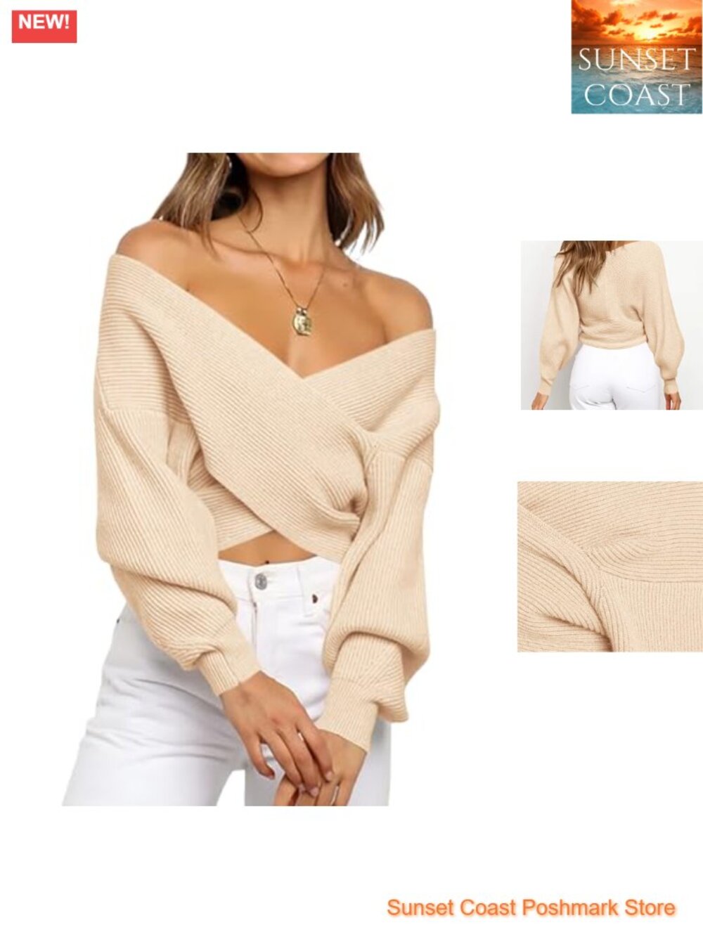 Off Shoulder Cropped Ribbed Knit Sweater Wrap V-Neck Long Sleeve Fall Top
